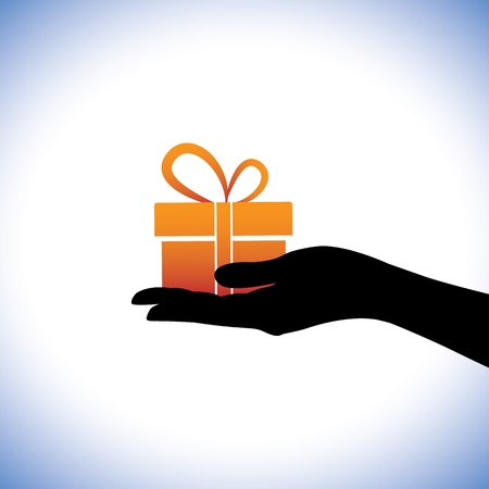Illustration of person giving/receiving gift package. This conceptual graphic represents gifting times like christmas(xmas), birthday, anniversaries and other such occasionsのイラスト素材