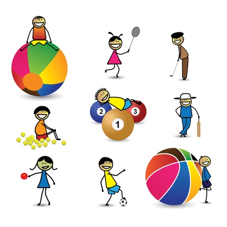 Kids(children) or people playing different sports & games. The girls and boys are playing cricket, basketball, tennis, table tennis, golf, shuttle badminton, football(soccer) and snooker(billiards)のイラスト素材