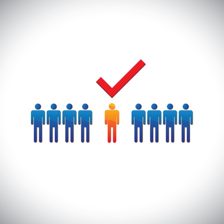 Illustration- selecting(hiring) right employee, worker, candidate. The graphical illustration shows the employable and suitable for job person with a check(tick) mark Illustration- selecting(hiring) right employee, worker, candidate. The graphical illustration shows the employable and suitable for job person with a check(tick) mark