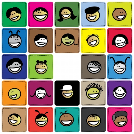 Colorful graphic of cute and happy faces of children(kids). The illustration shows faces of young girls and boys on colored background blocks expressing positive emotions like smiling or laughingのイラスト素材