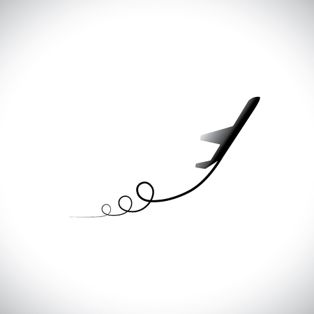 Graphic of airplane icon take off showing its path, in high speed. This illustration can also represent silhouette symbol of a military jet speeding up in the sky のイラスト素材