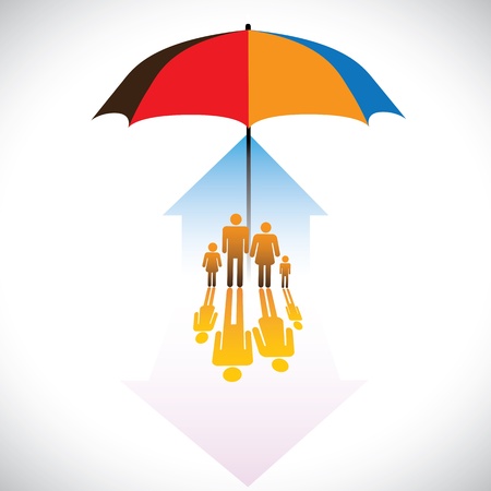 Graphic of Secure family people icons umbrella safeguard. The concept illustration contains symbols of home(residence), parents, children &amp, umbrella. Represents concepts like insurance, home securityのイラスト素材