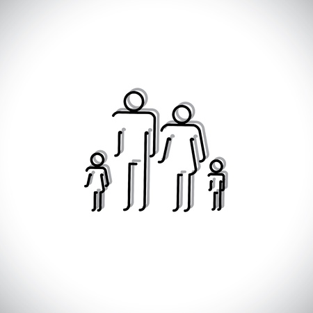 Family of four people abstract icons using line drawing. The symbols are of father, mother, son & daughter in black colored lines with shadowのイラスト素材