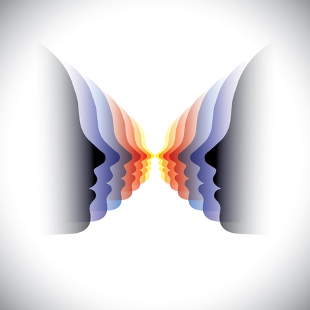 Vector illustration- colorful abstract faces of modern woman. The graphic can represent modern stylish girls or ladies forming groups and teams. The graphic also looks like a butterfly.のイラスト素材