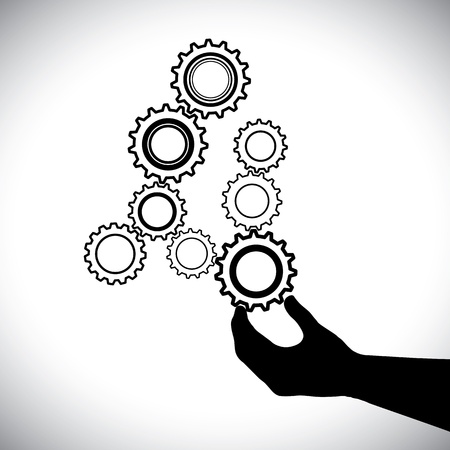 Abstract cogwheels in black and white controlled by hand(person). This graphic vector illustration represents harmonious & balanced working system where wheels work together to create a balanceのイラスト素材