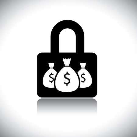 Concept vector graphic- protecting wealth(money) & lock symbol. The graphic shows financial assets like cash & coins in bags in a lock icon.のイラスト素材