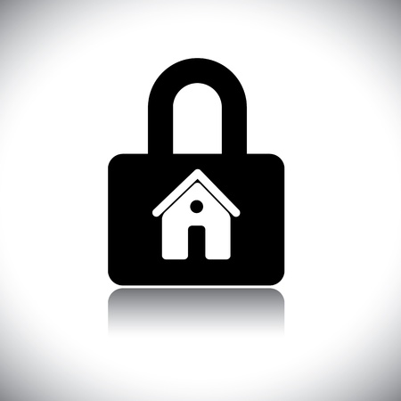 Concept vector graphic- black & white residential house(home) & lock icon. The illustration conceptually represents house protection and safety by insurance and other measures.のイラスト素材
