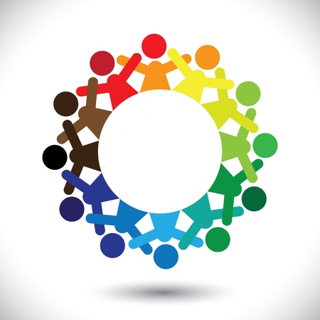 Concept vector graphic- abstract colorful children playing icons(signs). The illustration represents concepts like worker unions, employee diversity, community friendship & sharing, kids enjoying, etcのイラスト素材