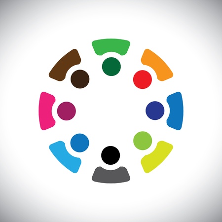 Concept graphic- abstract colorful company employees sharing icons(signs). The illustration shows concepts like worker unions,employee diversity,community friendship & sharing,kids playing,etcのイラスト素材
