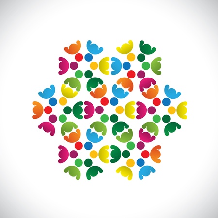 Concept graphic- abstract colorful teams of people icons(signs). The illustration shows concepts like worker unions,employee diversity,community friendship & sharing,kids playing,etcのイラスト素材