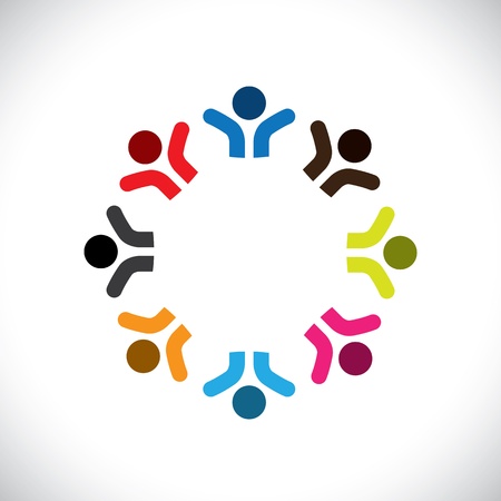 Concept graphic- abstract colorful happy people icons(signs). The illustration represents concepts like worker unions,employee diversity,community friendship & sharing,kids playing,etcのイラスト素材