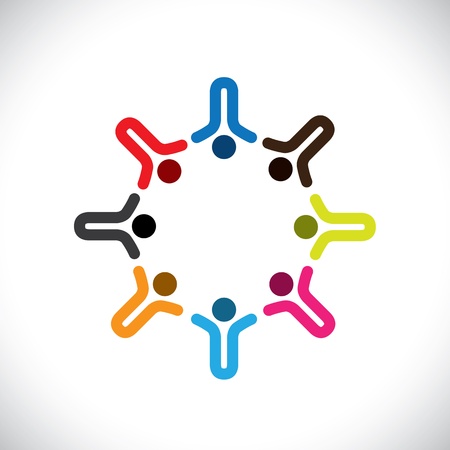 Concept graphic- abstract colorful happy children icons(signs). The illustration represents concepts like worker unions,employee diversity,community friendship & sharing,kids playing,etcのイラスト素材