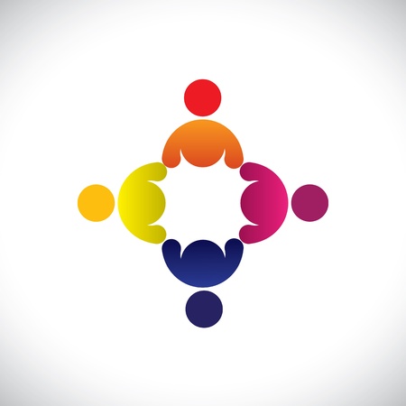Concept graphic- abstract colorful workers meeting icons(signs). The illustration represents concepts like worker unions,employee diversity,community friendship & sharing,kids playing,etcのイラスト素材