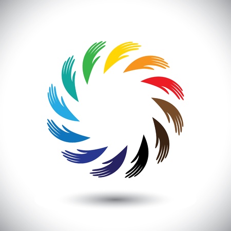 Concept  graphic- human hand symbols(icon) as colorful circle. The illustration also represents concepts like teamwork, cooperation, community sharing, friendship, partnership, unity & solidarityのイラスト素材