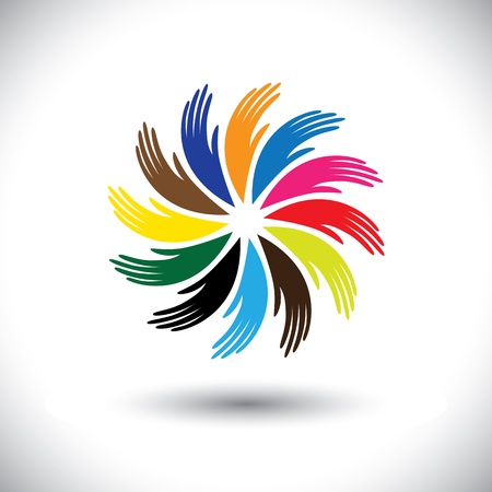Concept graphic- human hand symbols(icons) as floral circle. The illustration also represents concepts like teamwork, cooperation, community sharing, friendship, partnership, unity & solidarityのイラスト素材
