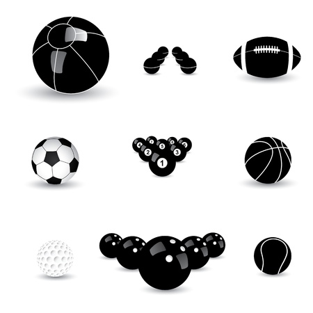 Concept graphic- black & white sports balls icons(symbols). This illustration contains symbols or beach-ball, basketball, tennis, football(soccer), rugby, table-tennis, golf, bowling, billiardsのイラスト素材