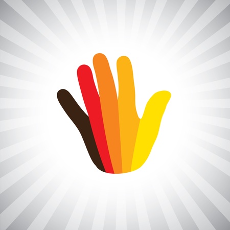Concept graphic- abstract colorful hand(palm) symbol(icon). The illustration of the human hand shows 5 fingers in bight and vivid colors like yellow, orange, red, brown, etcのイラスト素材