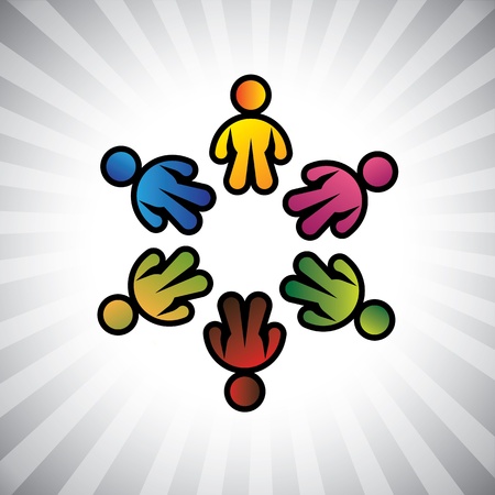 Concept graphic- colorful  children or kids icons(symbols) in circle. The illustration can also represent concepts like employee unions,community friendship & sharing,kids playing,etcのイラスト素材