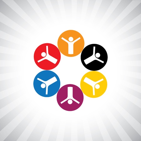 happy children in colorful circle - simple graphic. This illustration can also represent employee diversity, executives or staff meeting, united collaborative workers, kids playing, etcのイラスト素材