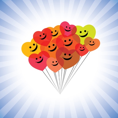 happy kids faces(hearts) as flying kites- simple graphic. This illustration can also represent play school children being merry & having fun, school kids play time, happy people laughing, etc のイラスト素材
