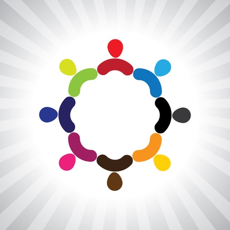 colorful community of people as a circle- simple graphic. This illustration can also represent children playing, kids having fun, employee meeting, workers unity & diversity, abstract peopleのイラスト素材