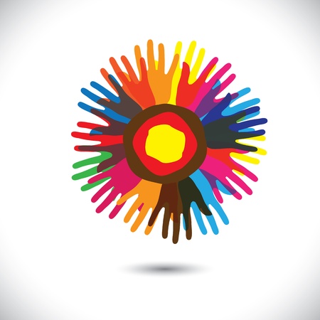 Colorful hand icons as petals of flower  happy community concept  This graphic illustration represents people team standing united, community unity, people helping, universal brotherhood, etcのイラスト素材