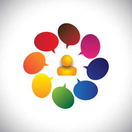 concept vector of a man with opinions, questions, confusion or ideas. The graphic also represents a person icon with chat signs indicating confusion or creativity or questions & doubts, etcのイラスト素材