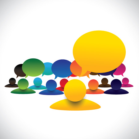 concept vector of leader & members talking, manager meeting employees. The graphic also represents communication of president or ceo with employees, school captain with children, army chief & soldiersのイラスト素材