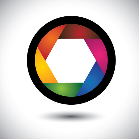 abstract colorful camera shutter ( aperture ) with blades  The graphic contains aperture opening of SLR camera with infinite concentric spiral of bladesのイラスト素材