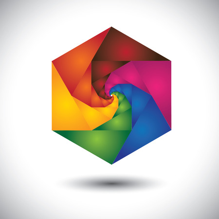 abstract colorful hexagon with infinite spiral steps The graphic contains colors like red, orange, yellow, pink, blue, green and brownのイラスト素材
