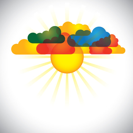 Beautiful colorful clouds & sunrise with radiant rays of light. The vector graphic also represents bright summer day or pretty colorful cloudscape or spring season, etcのイラスト素材