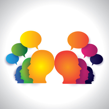 people chatting, discussing on social media - concept vector  This abstract graphic can also represent executive team meeting, employees discussions, networking, community interaction, internet chatのイラスト素材