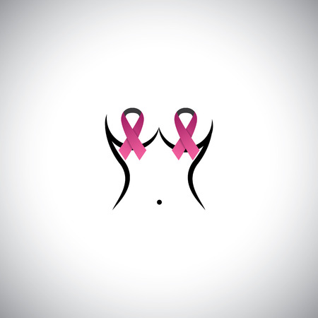 safeguard against breast cancer sign - abstract concept vector. This graphic contains woman's body with pink cancer bows on the breast indicating protectionのイラスト素材