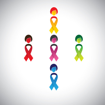 abstract girls with colorful cancer prevention bows as body - vector. This graphic contains woman's body as cancer ribbon bow & a female face indicating protection & safeguarding against breast cancerのイラスト素材