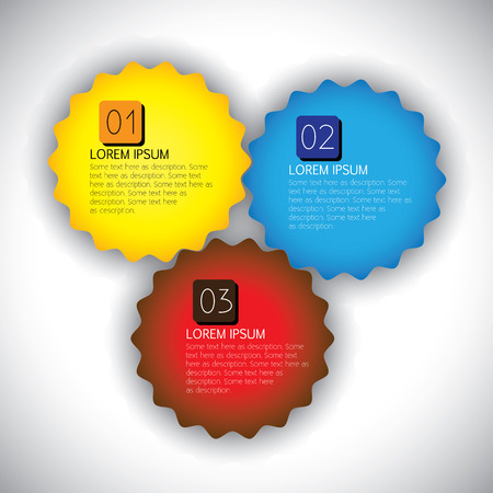 colorful modern vector design layout with numbered sequence. This abstract & simple graphic template includes bright colored gear or cogwheel shaped labels and space for text のイラスト素材
