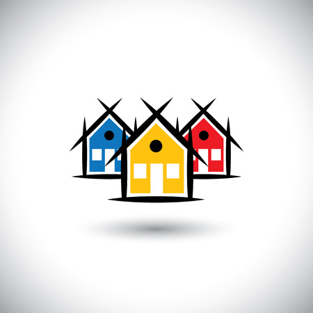 abstract vector of colorful house or real estate property icons. This graphic illustration represents home sign in red, orange and blue colors, community living, village, residential locality, etcのイラスト素材
