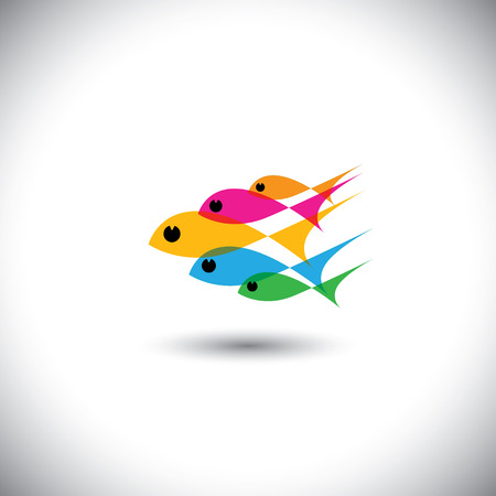 leadership vector concept - colorful team of fishes united. This graphic also represents positive thinking, team spirit, team work, manager & employees, boss & workers, teacher & students, etcのイラスト素材
