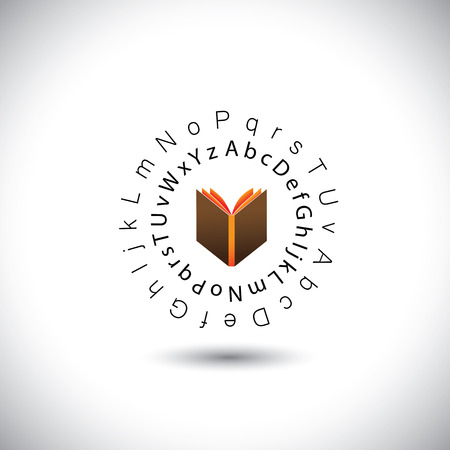 learning & education concept vector - book icon with alphabets. This graphic also represents school, library, bookstore, school & students, etcのイラスト素材