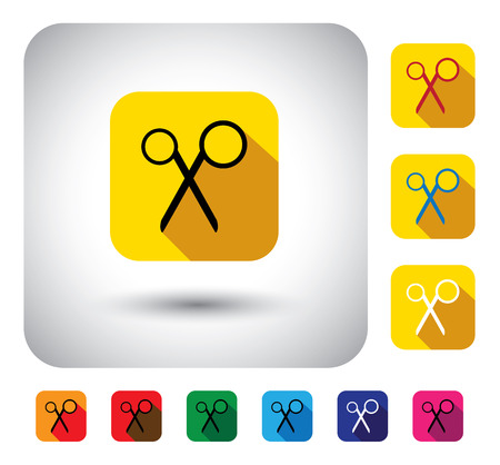 scissors sign on button - flat design vector icon. This long shadows graphic symbol also represents tailoring tool, stationery item, etcのイラスト素材