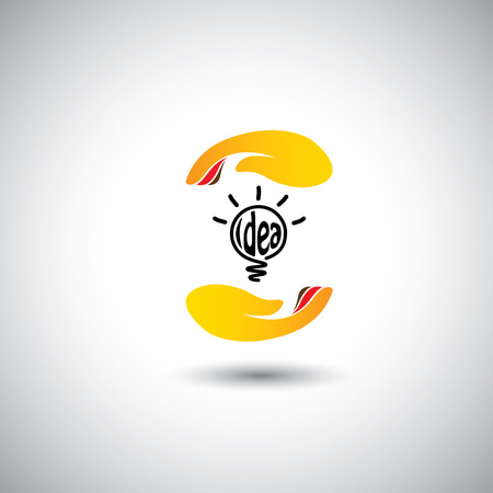 idea light bulb & hand for protection - concept vector icon. This graphic also represents protecting intellectual property, incubating & nurturing ideas & thoughtsのイラスト素材