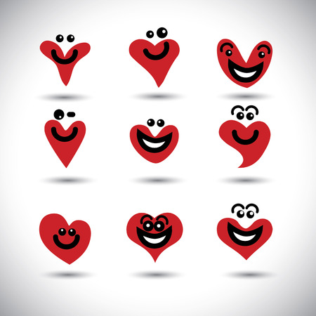 happy, smiling, lively heart icons collection set - concept vector graphic. This graphic illustration also represents love, positivity, passion, merry, joy, elation, excitement, wonder, amusementのイラスト素材