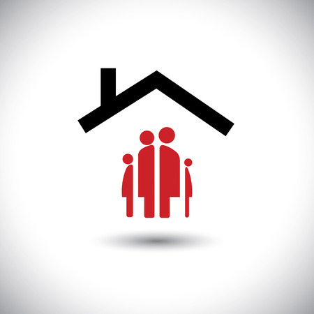 Happy family & home icon: father, mother, son and baby girl under roof of a house- concept vector. のイラスト素材