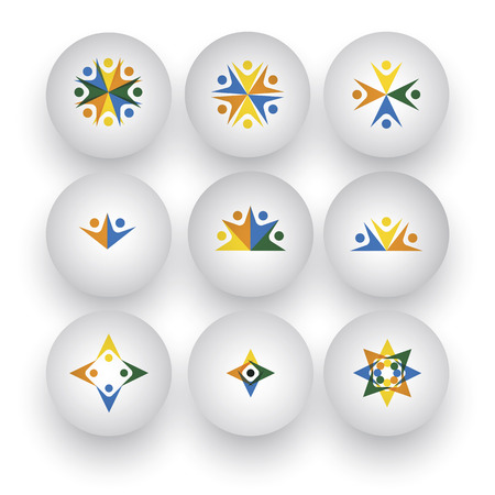 community, unity, happy people, children playing vector icons. This graphic also represents buttons with people together, employees & executives meeting, friends & friendship, kids at schoolのイラスト素材