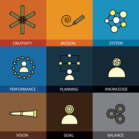 Flat design set of vector line icons of planning mission goal target arrow performance creativity knowledge vision system balance cogs gears people infographics style concept collectionのイラスト素材