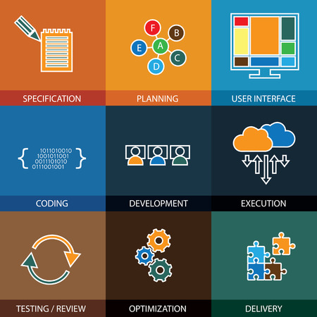 software development life-cycle process - concept vector line icons. This graphic represents steps like specification & planning, coding & development, execution & testing, optimization & deliveryのイラスト素材