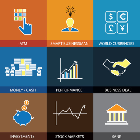 flat line icons on finance, money, currencies - concept vector. This graphic also represents financial performance with graphs, banking money and atm, investments & stock markets, business & dealsのイラスト素材