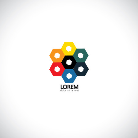 colorful hexagons together for unity, solidarity, friendship icon - concept vector graphic.のイラスト素材