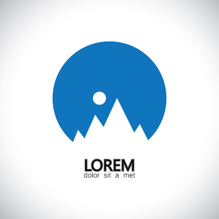 night sky moon, sunrise, sunset mountain alps - concept vector graphic. This icon also represents hilly landscape, snow covered mountains, peaksのイラスト素材