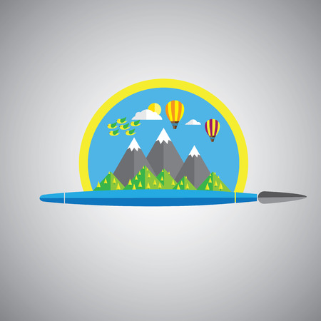 dream painting brush vector icon in flat design format with rainbow, air balloons, birds, clouds, sun, mountains and sky in the background.のイラスト素材