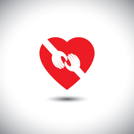 vector icon of two hands touching with heart - concept of love. This also represents concepts like support, help, empathy, kindness, partnership, friendship, cooperation, commitment, compassion, giveのイラスト素材
